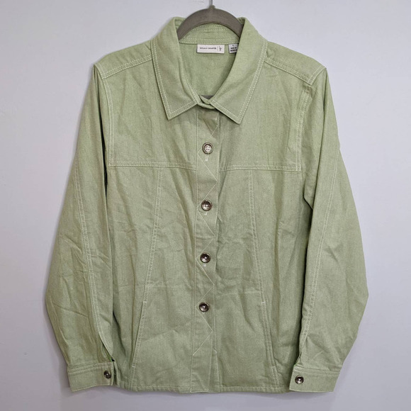 Susan Graver Shacket Womens L Plus Size Light Green Button Shirt Jacket Cotton - Picture 1 of 5